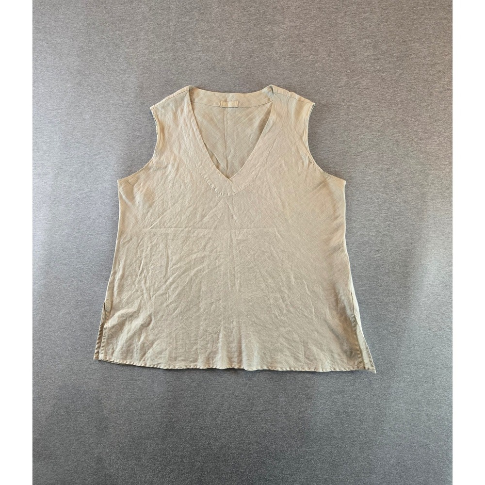 CP Shades Sleeveless Top Women Large Beige Linen V-Neck Side Slit Tank Lagenlook